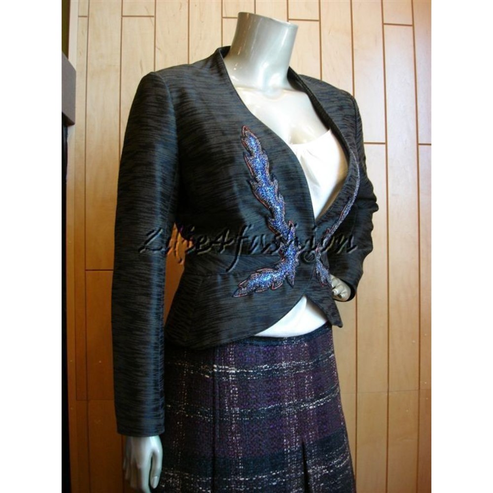 $3190 NWT NINA RICCI Dark Brown Embroidered Flame Beaded Crop Jacket 10